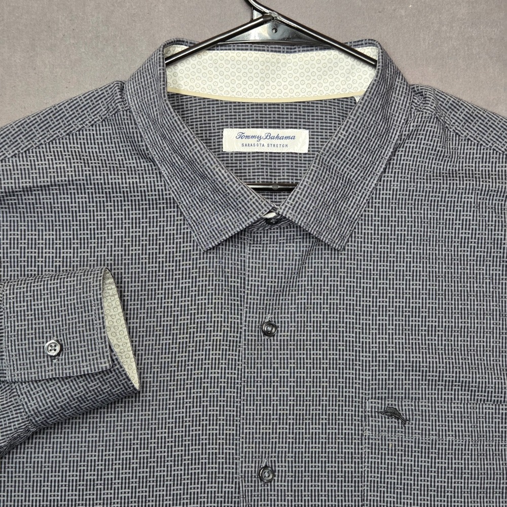 Tommy Bahama Sarasota Stretch IslandZone Mens 2XLB Shirt Gray Micro Grid Pattern